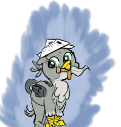 Size: 373x390 | Tagged: safe, artist:davierocket, gabby, griffon, color, cute, female, gabbybetes, hat, mouth hold, newspaper, paper hat, solo, weapon, weapons-grade cute, wings