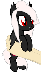 Size: 4571x8000 | Tagged: source needed, safe, artist:justisanimation, oc, oc only, oc:midnight ruby, bat pony, pony, absurd resolution, cute, holding a pony, red and black oc, red eyes