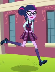 Size: 550x720 | Tagged: safe, screencap, sci-twi, twilight sparkle, equestria girls, friendship games, clothes, cropped, crystal prep academy uniform, glasses, hair bun, magic capture device, running, scared, school uniform, shoes, skirt, socks, solo
