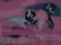 Size: 1168x866 | Tagged: dead source, safe, artist:neonaarts, descent, lightning dust, nightshade, soarin', oc, oc:rapidfire, oc:starry skies, pony, fanfic:piercing the heavens, glow, glowing eyes, rapid fire, shadowbolts