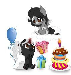 Size: 760x803 | Tagged: safe, artist:stuflox, oc, oc only, oc:ghost quill, oc:silhouette, pegasus, pony, unicorn, balloon, birthday, cake, candle, chibi, cloud, female, filly, food, magic, mare, present, simple background, transparent background