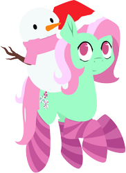 Size: 2650x3641 | Tagged: safe, artist:ilf_, derpibooru exclusive, minty, earth pony, pony, carrot, clothes, food, hat, santa hat, scarf, simple background, snowman, socks, solo, striped socks, transparent background