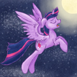 Size: 540x540 | Tagged: safe, artist:midnight-soliloquy, twilight sparkle, twilight sparkle (alicorn), alicorn, pony, eyes closed, moon, open mouth, solo, stars