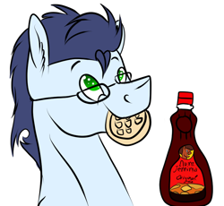 Size: 860x790 | Tagged: safe, artist:neonaarts, soarin', pony, aunt jemima, cute, food, glasses, mouth hold, nerd, solo, waffle
