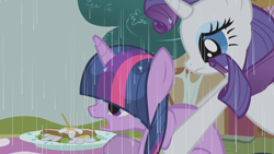 Size: 1280x720 | Tagged: safe, derpibooru import, screencap, rarity, twilight sparkle, unicorn twilight, pony, unicorn, the ticket master, daffodil and daisy sandwich, duo, female, food, grabbing, holding a pony, mare, open mouth, plate, rain, sandwich, table, wet, wet mane