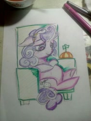 Size: 384x512 | Tagged: safe, screwball, pony, drawing, hat, pregnant, sitting, traditional art