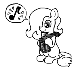 Size: 640x600 | Tagged: safe, artist:ficficponyfic, oc, oc only, earth pony, pony, bandana, blank flank, child, colt, colt quest, cute, foal, hair over one eye, lantern, male, monochrome, music notes, smiling, solo, story included