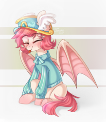 Size: 1024x1177 | Tagged: safe, artist:ten-dril, oc, oc only, bat pony, pony, clothes, female, hat, mare, sitting, solo