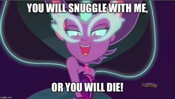 Size: 800x451 | Tagged: safe, edit, edited screencap, screencap, midnight sparkle, sci-twi, twilight sparkle, equestria girls, friendship games, image macro, meme, midnight sparkle's lines, snuggling, solo