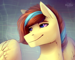 Size: 1000x800 | Tagged: safe, artist:andyfirelife, oc, oc only, oc:cloud circuit, pegasus, pony, abstract background, bust, male, portrait, smiling, solo, spread wings, stallion, wings