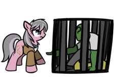 Size: 714x462 | Tagged: safe, artist:neuro, wrangler, oc, oc:anon, earth pony, human, pony, fluttershy leans in, anonabuse, boop denied, cage, female, mare, no boop, simple background, transparent background