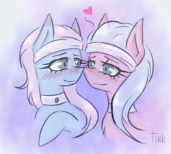 Size: 1140x1027 | Tagged: safe, artist:taleriko, aloe, lotus blossom, earth pony, pony, blushing, collar, cute, eye contact, female, heart, incest, lesbian, looking at each other, mare, rcf community, shipping, simple background, smiling, smiling at each other, spa twins, spacest, twincest, twins