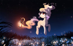 Size: 1300x828 | Tagged: safe, artist:ruhje, oc, oc only, oc:whisper, pony, beautiful, commission, female, floating, flower, grass field, lantern, mare, night, night sky, smiling, solo, stars