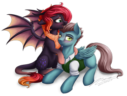 Size: 1024x768 | Tagged: safe, artist:novaintellus, oc, oc only, oc:havox, oc:mr. skylan, dracony, hybrid, pegasus, pony, female, male, prone, simple background, stallion, transparent background