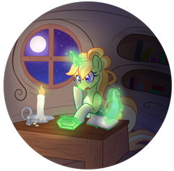 Size: 1151x1133 | Tagged: artist needed, safe, oc, oc only, oc:shamrock shock, pony, unicorn, book, candle, clover, enchantment, female, four leaf clover, gem, glowing horn, horn, levitation, magic, mare, moon, night, quill, solo, stars, telekinesis