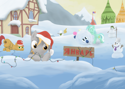 Size: 1024x724 | Tagged: safe, artist:rautaketju13, bon bon, lyra heartstrings, sweetie drops, oc, oc:smokey debt, christmas lights, garland, hat, new year, russian, santa hat, snow, snowman, translated in the comments