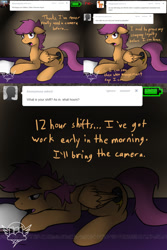 Size: 1500x2250 | Tagged: safe, artist:conmanwolf, scootaloo, pony, fanfic:rainbow factory, ask factory scootaloo, battery, bed, comic, factory scootaloo, pillow, recording