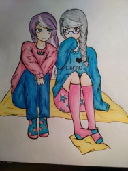 Size: 720x960 | Tagged: dead source, safe, artist:hazeactor, diamond tiara, silver spoon, human, blanket, clothes, cute, female, glasses, hairclip, humanized, jeans, jewelry, lesbian, looking at each other, missing accessory, necklace, older, older diamond tiara, older silver spoon, pants, shipping, silvertiara, socks, sweater