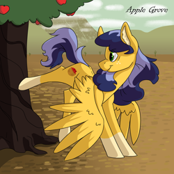 Size: 1600x1597 | Tagged: safe, artist:torusthescribe, oc, oc only, oc:apple grove, pegasus, pony, apple, applebucking, female, food, magical gay spawn, mare, offspring, parent:braeburn, parent:soarin', parents:soarburn, solo, tree