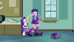Size: 1920x1080 | Tagged: safe, screencap, rarity, spike, twilight sparkle, dog, equestria girls, equestria girls (movie), backpack, bag, book, boots, bowtie, bracelet, classroom, clothes, computer, high heel boots, jewelry, leg warmers, measuring tape, shoes, skirt, spike the dog, window