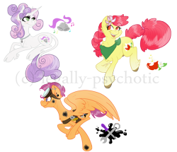 Size: 2500x2151 | Tagged: safe, artist:legally-psychotic, apple bloom, scootaloo, sweetie belle, classical unicorn, pony, unicorn, alternate cutie mark, burn, cloven hooves, cutie mark crusaders, flower, flower in hair, goggles, high res, leonine tail, older, prone, simple background, transparent background, unshorn fetlocks, watermark