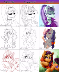 Size: 3543x4370 | Tagged: safe, artist:0puntia, artist:alexispaint, artist:crystalfilth, coloratura, petunia paleo, saffron masala, earth pony, pony, unicorn, collaboration, absurd resolution, bone, chest fluff, colored, ear fluff, eyes closed, lidded eyes, lineart, looking at you, sketch, smiling, tail wrap, veil