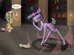 Size: 1280x960 | Tagged: safe, artist:sirzi, derpibooru import, fluttershy, twilight sparkle, deer, original species, covering mouth, deerified, dialogue, dizzy, facehoof, pun, scroll, species swap, speech bubble, spell gone wrong, vitrung