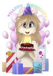 Size: 1109x1582 | Tagged: safe, artist:monogy, oc, oc only, oc:tegan, earth pony, pony, birthday cake, cake, female, food, hat, mare, party hat, present, simple background, solo, transparent background