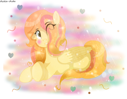 Size: 4581x3571 | Tagged: safe, artist:asika-aida, oc, oc only, oc:sugar dream, pegasus, pony, absurd resolution, blushing, commission, crossed hooves, female, hair over one eye, heart, mare, multicolored hair, prone, smiling, solo