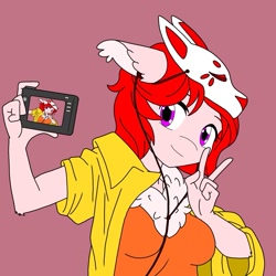 Size: 1049x1049 | Tagged: safe, artist:linedraweer, oc, oc only, anthro, deer, anthro oc, camera, commission, earbuds, female, mask, peace sign, self shot, selfie, solo