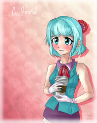 Size: 1100x1400 | Tagged: safe, artist:zorbitas, coco pommel, human, rarity takes manehattan, abstract background, blushing, clothes, coffee, female, gloves, humanized, light skin, solo