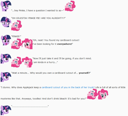 Size: 844x762 | Tagged: safe, artist:dziadek1990, derpibooru import, pinkie pie, twilight sparkle, earth pony, pony, applejack truck, cardboard twilight, conversation, dialogue, emote story, emotes, public service announcement, reddit, reference, slice of life, text