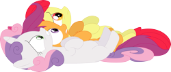 Size: 3571x1521 | Tagged: safe, artist:porygon2z, apple bloom, scootaloo, sweetie belle, pony, the fault in our cutie marks, cutie mark crusaders, on back, simple background, transparent background, vector