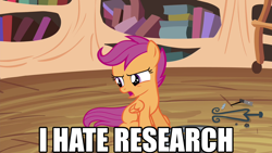 Size: 1280x720 | Tagged: safe, screencap, scootaloo, twilight time, library, quote, text