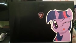 Size: 960x540 | Tagged: safe, derpibooru import, twilight sparkle, computer, laptop computer, sticker