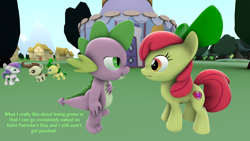 Size: 1920x1080 | Tagged: safe, artist:red4567, apple bloom, pound cake, princess flurry heart, pumpkin cake, spike, dragon, 3d, dialogue, funny background event, green, green hair, pinch, saint patrick's day, source filmmaker