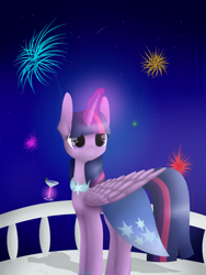 Size: 1024x1365 | Tagged: safe, artist:keisaa, twilight sparkle, twilight sparkle (alicorn), alicorn, pony, alcohol, balcony, clothes, dress, fireworks, magic, martini, night, solo, telekinesis