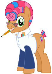 Size: 2100x3000 | Tagged: safe, artist:cheezedoodle96, starstreak, earth pony, pony, honest apple, .svg available, clothes, looking at you, male, mouth hold, pencil, shirt, simple background, smiling, solo, stallion, svg, transparent background, vector