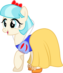 Size: 1001x1164 | Tagged: safe, artist:cloudyglow, coco pommel, blue eyes, bow, clothes, clothes swap, cocobetes, cosplay, costume, crossover, cute, disney, dress, hair bow, happy, hnnng, open mouth, raised hoof, shoes, simple background, smiling, snow white, snow white and the seven dwarfs, solo, transparent background, vector