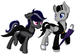 Size: 691x500 | Tagged: safe, artist:gummysky, oc, oc only, oc:fair weather, oc:ghost lightning, earth pony, pegasus, pony, clothes, colored pupils, commission, raised hoof, simple background, transparent background, umbrella