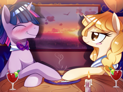 Size: 1375x1036 | Tagged: safe, artist:si1vr, dusk shine, twilight sparkle, oc, oc:taralicious, pony, unicorn, bacon, blushing, bowtie, canon x oc, drink, female, food, half r63 shipping, heart, lime, male, mare, meat, restaurant, rule 63, shipping, stallion, straight, table, tara strong, tarashine