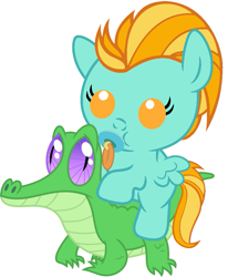 Size: 811x982 | Tagged: safe, artist:red4567, gummy, lightning dust, pony, baby, baby pony, cute, dustabetes, pacifier, ponies riding gators, riding