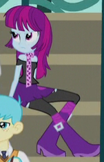 Size: 151x235 | Tagged: safe, screencap, bright idea, mystery mint, equestria girls, friendship games, angry, bleachers, boots, bracelet, clothes, cropped, high heel boots, jewelry, scarf, solo