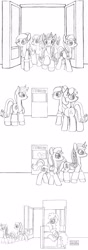 Size: 1365x3859 | Tagged: safe, artist:dsb71013, meadowlark, oc, oc:light fantastic, oc:maplejack, pony, comic, monochrome, waving