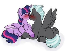 Size: 1200x938 | Tagged: safe, artist:soft-arthropod, thunderlane, twilight sparkle, twilight sparkle (alicorn), alicorn, pony, blushing, chest fluff, kissing, male, nuzzling, prone, shipping, simple background, spread wings, straight, twilane, wavy mouth