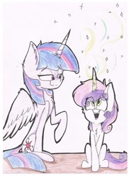 Size: 1024x1408 | Tagged: safe, artist:feathershine1, sweetie belle, twilight sparkle, twilight sparkle (alicorn), alicorn, pony, magic, raised hoof, sitting, sweetie belle's magic brings a great big smile, traditional art