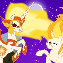 Size: 1024x1024 | Tagged: safe, artist:smallbluetiger, daybreaker, twilight sparkle, twilight sparkle (alicorn), alicorn, pony, a royal problem, armor, duel, fiery teacher and apprentice, jewelry, mane of fire, rapidash, rapidash twilight, regalia, royalty, sith, star wars, story in the comments, student, teacher, teacher and student, twilight is anakin
