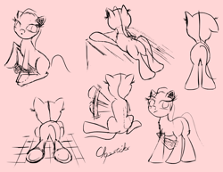 Size: 1200x928 | Tagged: safe, artist:chopsticks, oc, oc only, earth pony, pony, blank flank, female, lying down, mare, monochrome, plot, pose, practice drawing, rear view, sitting, sketch, sketch dump, solo, waving