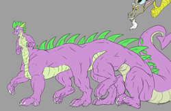 Size: 5100x3300 | Tagged: safe, artist:carnizzoi, discord, spike, dragon, taur, discord's corruption, multiple limbs, older spike, paws, simple background, surprised, taur train, thumbs up, transformation, what has magic done