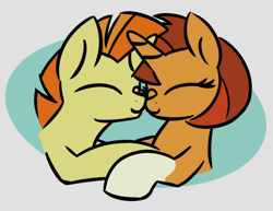 Size: 740x571 | Tagged: safe, artist:masserey, stellar flare, pony, unicorn, duo, eyes closed, female, flarespot, horns are touching, male, mare, nuzzling, shipping, socks (coat marking), stallion, sunspot (character)